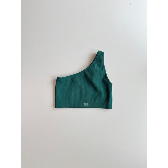SET ACTIVE Mojito Dark Green Seamless Ribbed One Shoulder Sports Bra Top, Size S - Picture 3 of 10